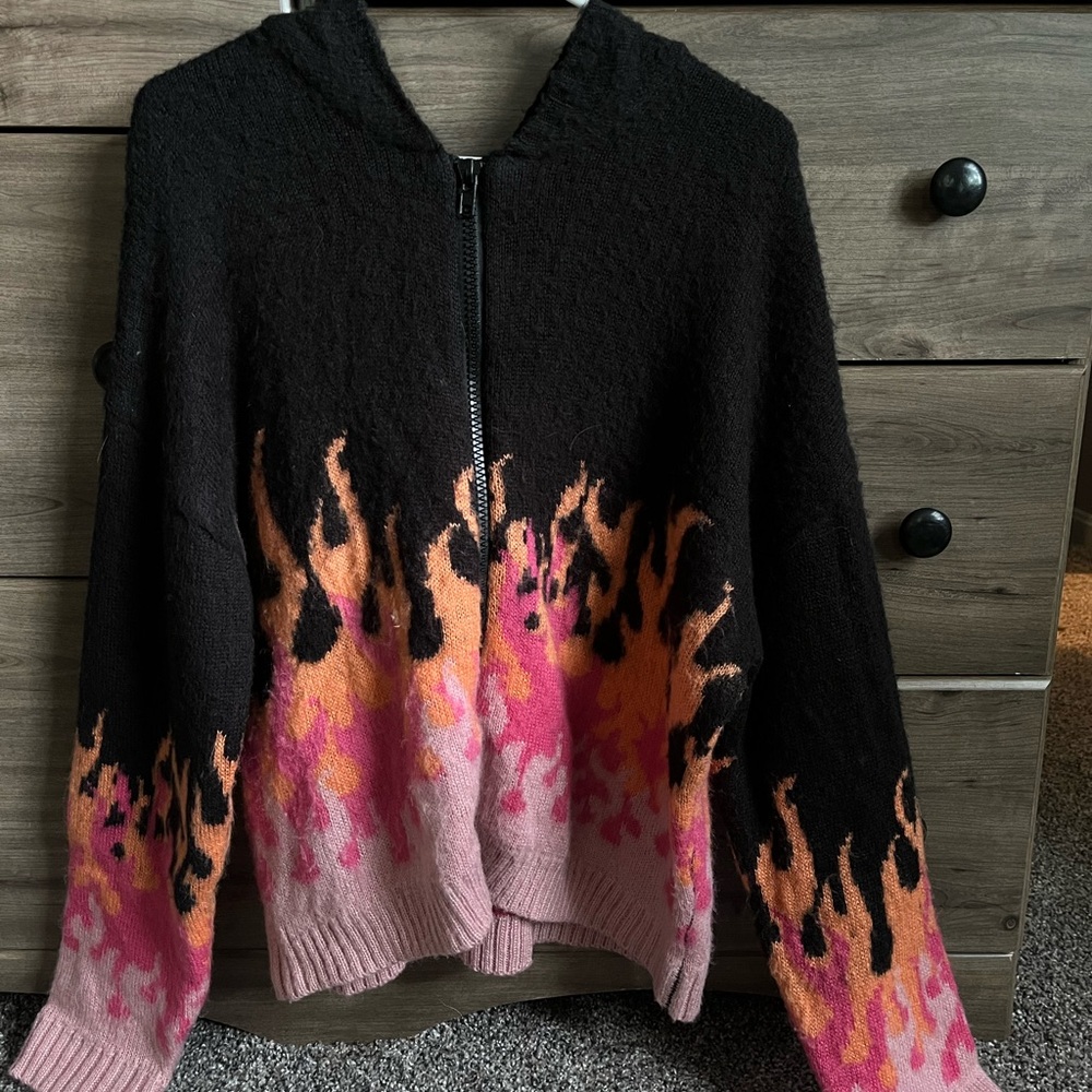 Ragged Priest Black Knit Zip Hoodie with Pink & Orange Flame
